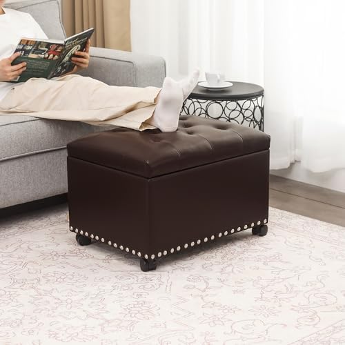 Joveco Leather Storage Ottoman with 360° Caster Wheels 24" Foot Rest Ben...