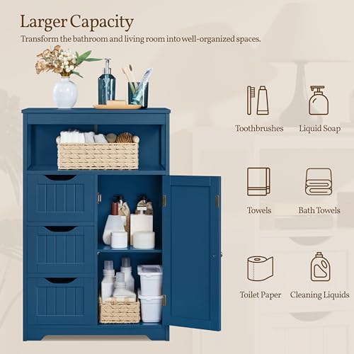 Yaheetech Small Bathroom Storage Cabinet with 3 Drawers, Navy Blue