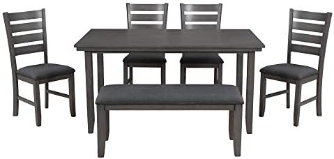 Merax Dining Table Set for 6, Farmhouse 6 Piece Dining Room Table Set with 4 ...