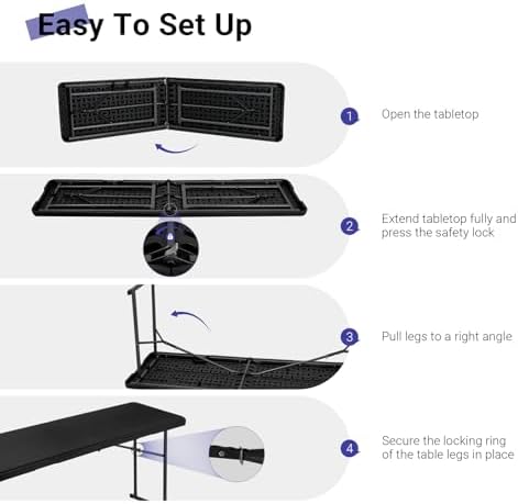 Byliable Folding Table 6FT Narrow Portable Plastic Heavy Duty Table, Black