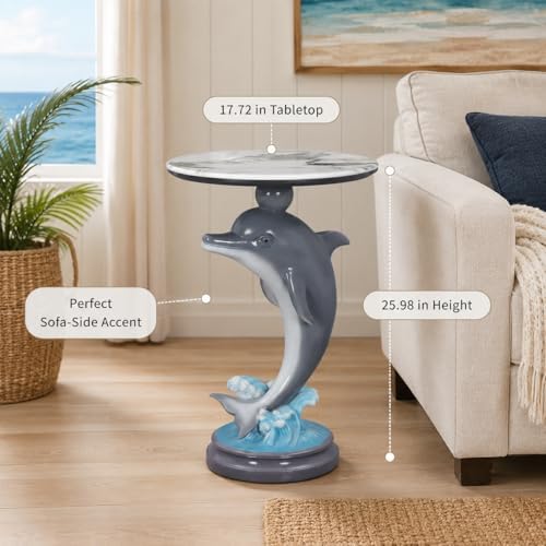 Dolphin Side Table, 25.98 in Animal End Table, Round Marble-Look Top, Hand-Pa...