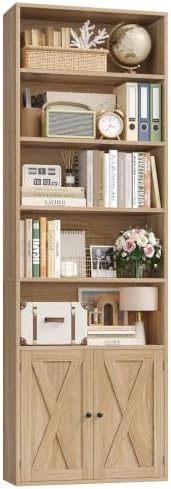 FACBOTALL 82" Tall Bookcase, Farmhouse Bookshelf with Doors,Light Oak
