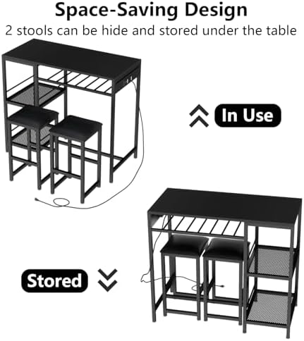 Bar Table and Chairs Set with Power Outlet, Pub Table and Chairs Set for 2