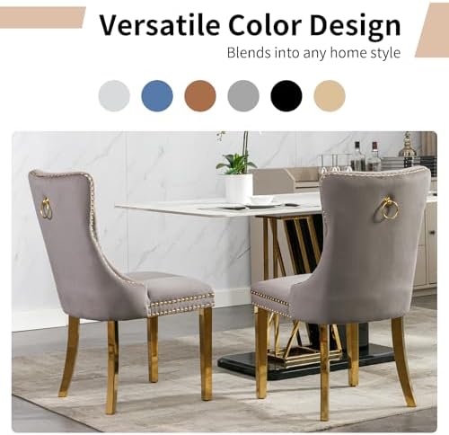 Luxury Upholstered Dining Chairs Set of 4, Grey Kitchen Chair with Golden Met...