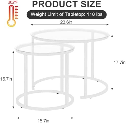 aboxoo White Nesting Glass Table Set of 2, Small Glass Round Nesting Tables f...