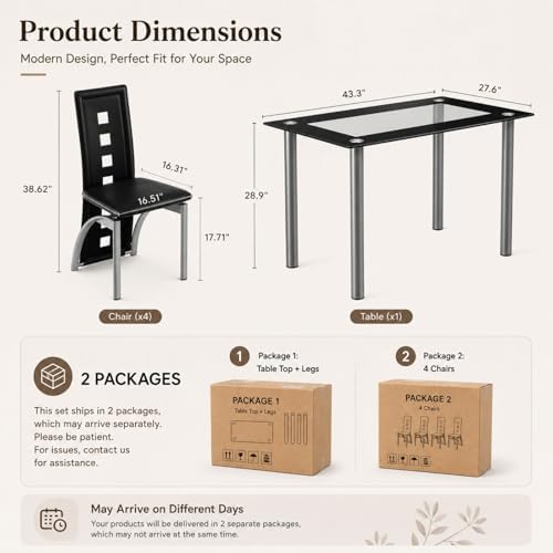 Karl home 5-Piece Dining Table Set, W/ 4 PVC Chairs & Glass Dining Table