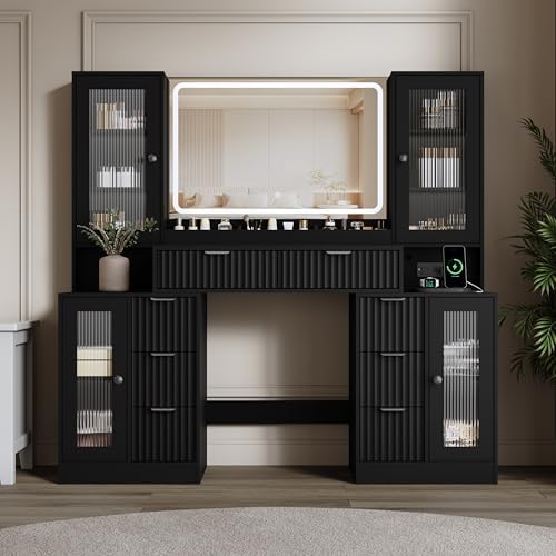 55" Vanity Desk with Mirror & Lights, Fluted Makeup Vanity with 8 Dr...