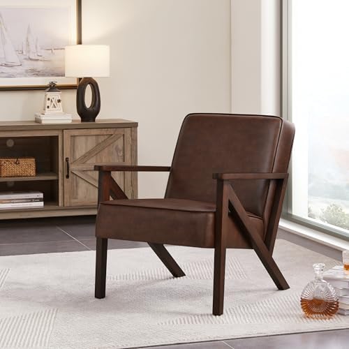 Yaheetech Mid-Century Modern Accent Chair, Lounge Chair, Dark Brown | Faux Le...