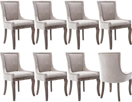 Upholstered Dining Chairs Set of 8, Beige Fabric Kitchen Chair with Nailhead ...