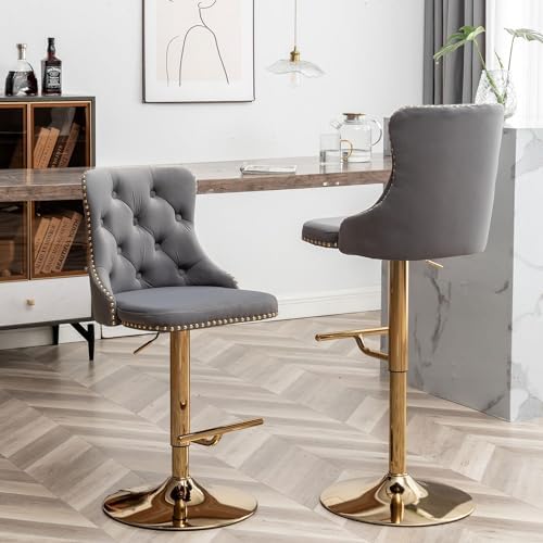 Cinxzar Gold Velvet Bar Stools Set of 4, Swivel Counter Height Bar Stools wit...