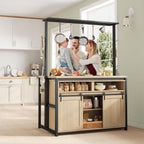 Wooden Island Table for Kitchen with Sliding Barn Door, Heavy Duty Large Coffee Bar Table with 4 Hook, Multi-Functional Bakers Rack, Storage Shelf for Kitchen Dining Room Living Room