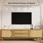 Bellemave Rattan TV Stand for up to 75", Modern Media Console with 2 Cabinets & 2 Drawers, Solid Wood Entertainment Center with Sliding Doors for Living Room, Bedroom (Natural)