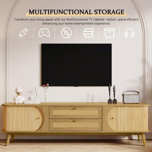 Bellemave Rattan TV Stand for up to 75", Modern Media Console with 2 Cabinets & 2 Drawers, Solid Wood Entertainment Center with Sliding Doors for Living Room, Bedroom (Natural)