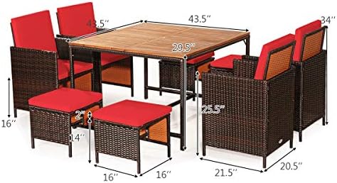 Tangkula 9 Pieces Acacia Wood Patio Dining Set, Space Saving Wicker Chairs an...