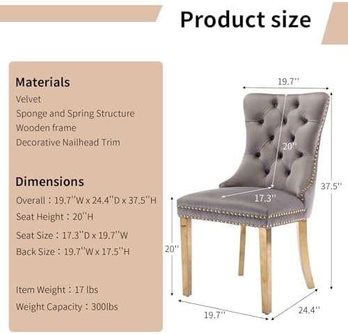 Luxury Upholstered Dining Chairs Set of 4, Grey Kitchen Chair with Golden Met...