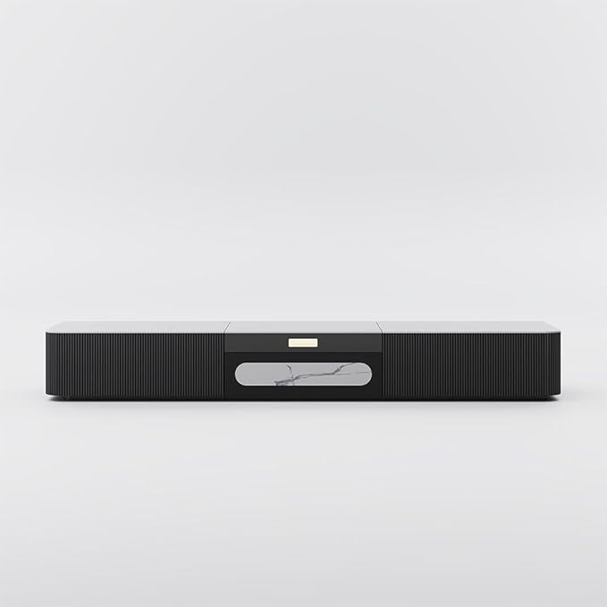POVISON Fully-Assembled Modern TV Stand for Projector, Sintered Stone Entertainment Center with Storage for 75 inch TV, Wood TV Console, Media Console for Living Room Bedroom