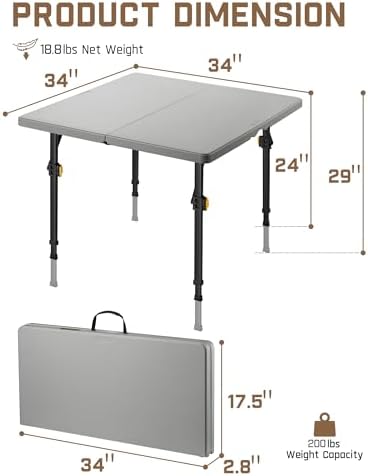 FanttikOutdoor Folding Card Table 34" Square, 2 Heights, Picnic Party Ga...