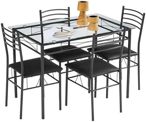 VECELO Dining Table Set for 4, 5-Piece Glass Kitchen Table with Upholstered P...
