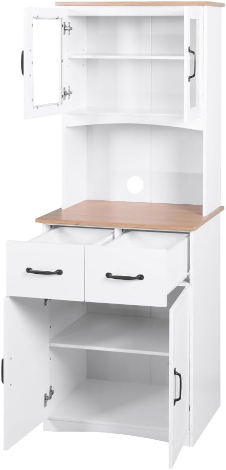 White Wooden Kitchen Cabinet, Pantry Storage Unit with Framed Glass Doors, Mi...