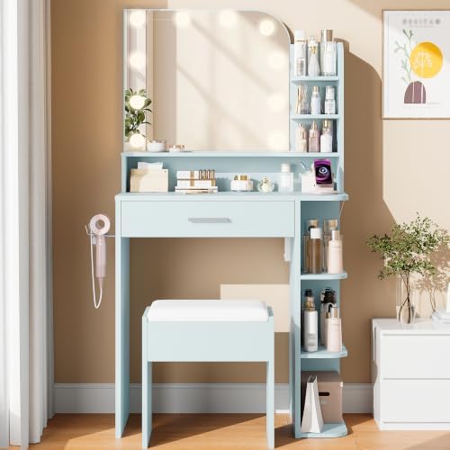Small Vanity Desk with Mirror and Lights, 26.4" W Girls Vanity Set with ...