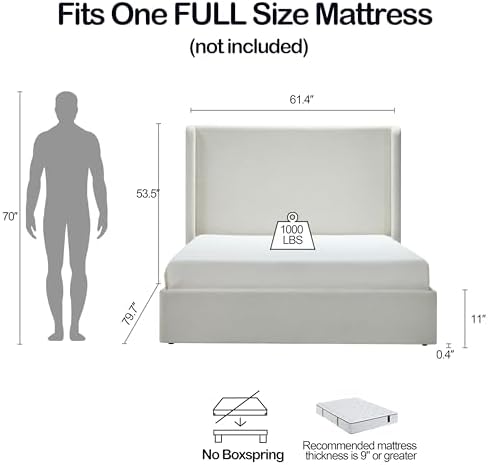 Full Size Upholstered Platform Bed Frame, 53.5" High Headboard Carmen Wi...