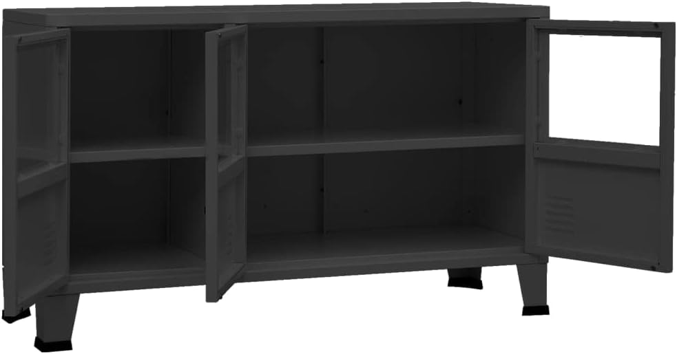 Metal and Glass Sideboard, Black Industrial Buffet Cabinet with 3 Doors, Acce...