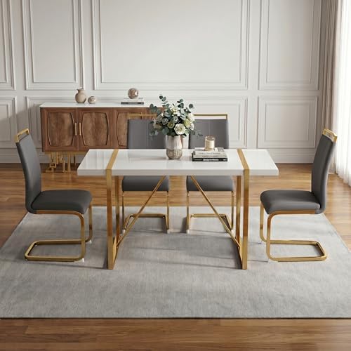gopop Dining Table Set for 4, Kitchen Table Chairs Set of 4, 55-Inch White