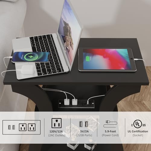FROMJBEST End Tables Living Room Set of 2 with Charging Station, Black