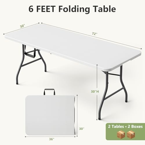Folding Table 2 Pack, 6 FT Foldable Plastic Table with Carrying Handle, Heavy...