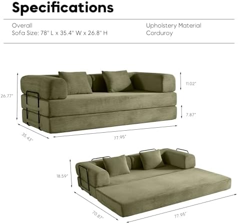 78" Convertible Floor Sofa Bed, Couches for Living Room, Green