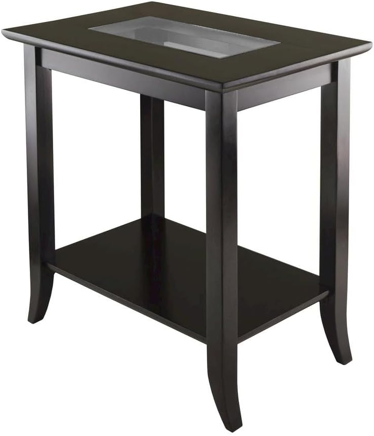 Furnifact Rectangular End Table, Glass Top, Lower Shelf, Flared Legs, Solid W...