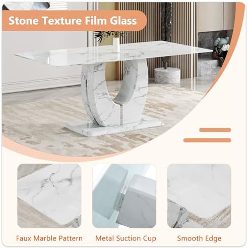 Dining Table Set for 6, Kitchen Table Chairs Set of 6, Modern Dining Room Set 71'' Faux Marble Dinner Table PU Leather Upholstered Chairs for Kitchen (White, 71”)