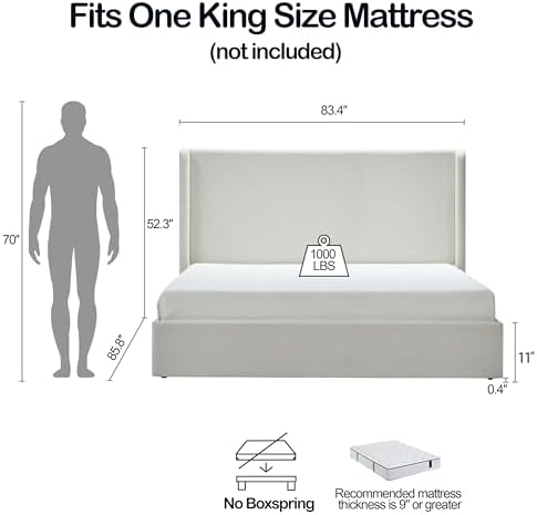 King 52.3" Tall Headboard Carmen Wingback Upholstered Platform Bed Frame...