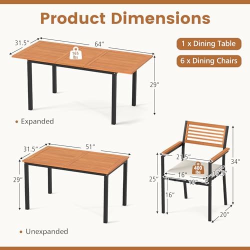 Tangkula 7 Piece Acacia Wood Outdoor Dining Set with 6 Stackable Armchairs
