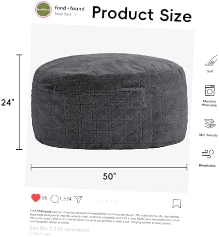 fond + found Giant Bean Bag Chair with Plush Quilted Cover, 5FT Darkgrey | Pl...
