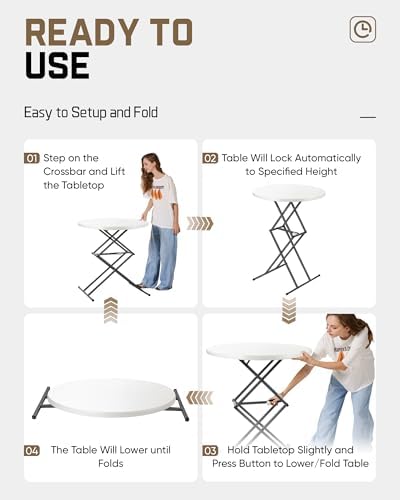 FanttikOutdoor Folding Table Round 32" Quick Adjust 4 Heights Party, Patio