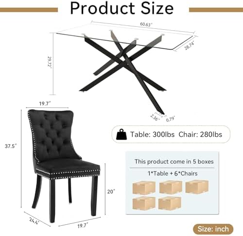 60" Modern Black Glass Dining Room Table Set for 6, 7-Piece Rectangular ...