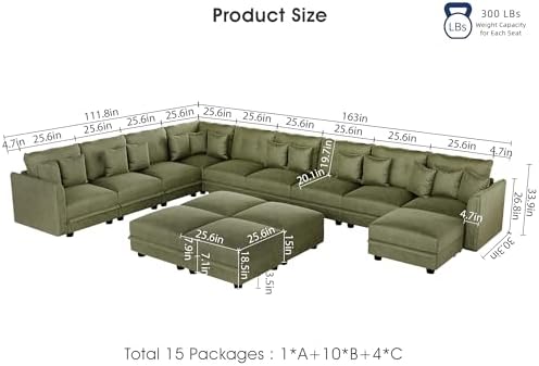 LLappuil 14-Seat Modular Sectional Sofa with Storage, 163" Oversized U-S...