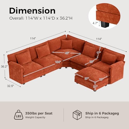 ELUCHANG 114" Oversized Modular Sectional Sofa, Comfy Chenille Cloud Cou...