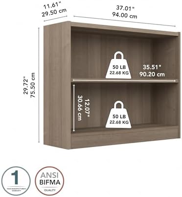 Bush Home Small 2 Shelf Bookcase, 2 Tier Bookshelf Storage Cabinet with Adjus...