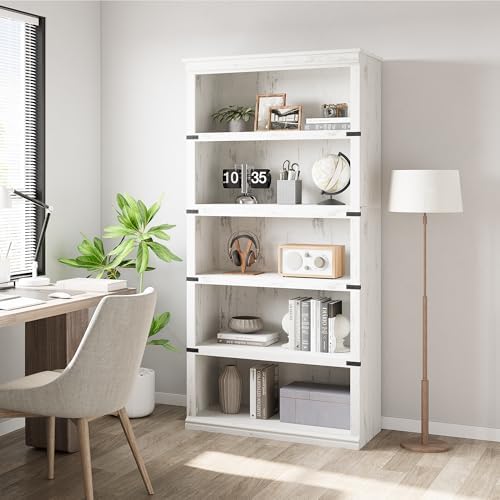 IDEALHOUSE 5 Tier Bookcase, Farmhouse Book Shelf with Storage, Tall Book Case...