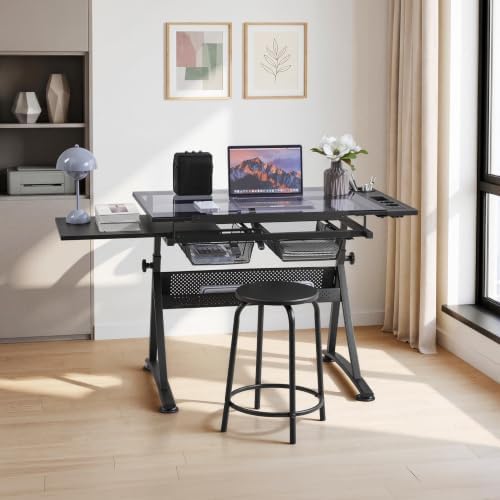 Yaheetech Glass Drafting Table & Stool, Drawing Table for Artists, Black