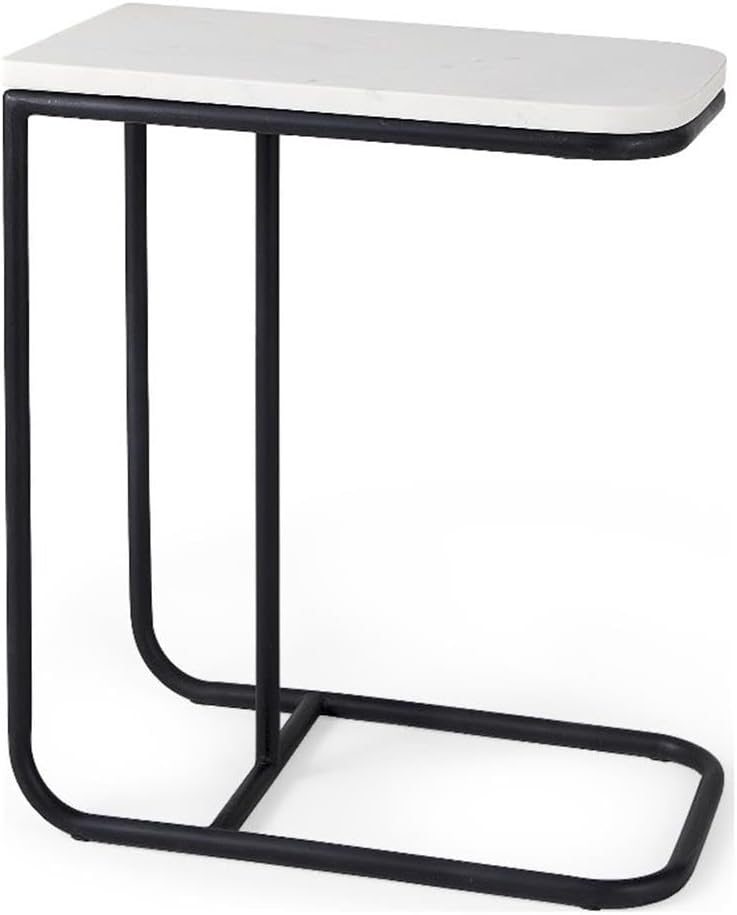 Pemberly Row C-Shaped Side Table, White Marble Top, Matte Black Iron Frame, M...