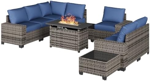 Aoxun 10-Piece Sectional Sofa with 44" Fire Pit, 4" Thicken Cushion...