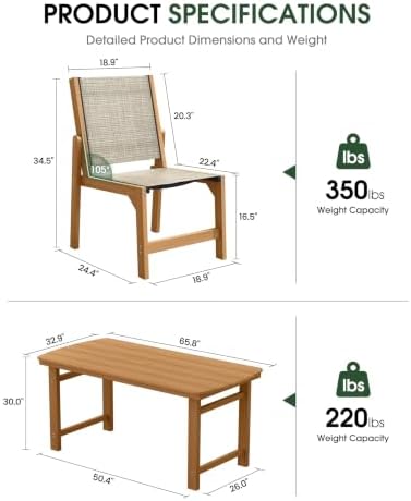 HDPE Outdoor Dining Set, Patio Table and 6 Stackable Armless Chairs, Teak