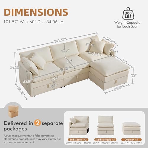 WorthFurni Modular Sectional Sofa with Storage Ottomans,103" L-Shaped Cl...