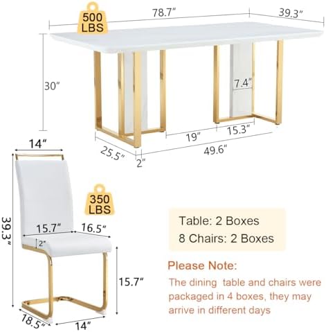 79" White Gold Dining Table Set for 8, Luxury Faux Marble Dining Table S...