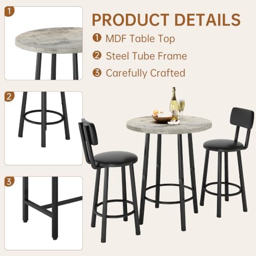 Recaceik 3‑Piece Pub Dining Set, Counter Height Modern Round Bar Table with W...