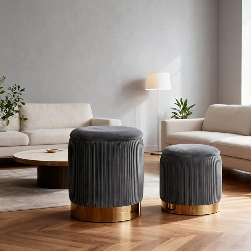 Round Ottoman with Storage Set of 2 Upholstered Velvet Vanity Stool Small Ott...