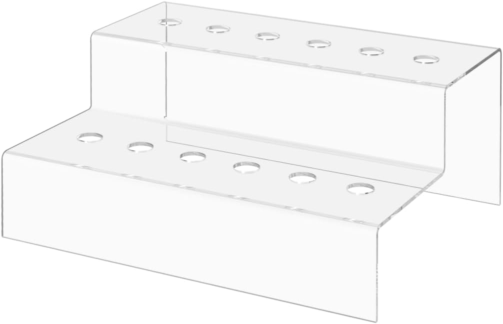 Marketing Holders Wine Bottle Topper Liquor Pourer Display Stand 12 Slot Rack .75 Inch Wide Holes Clear Acrylic 2 Tier Riser 11.75 Inch Wide by 4.75 Inch Deep Retail Countertop Showcase